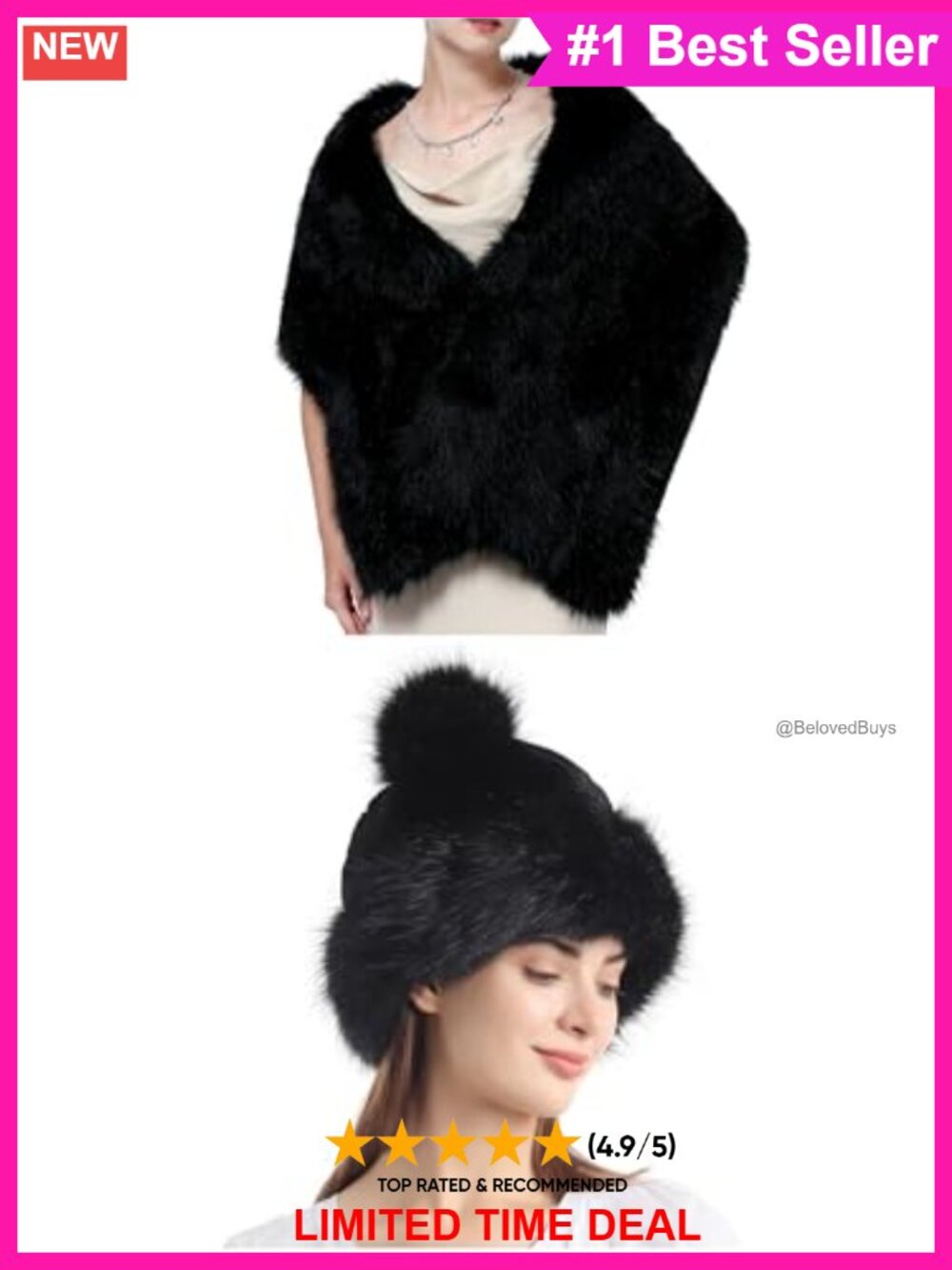 Faux Fur Long Shawl and Faux Fur Hat 2pc Set One Size